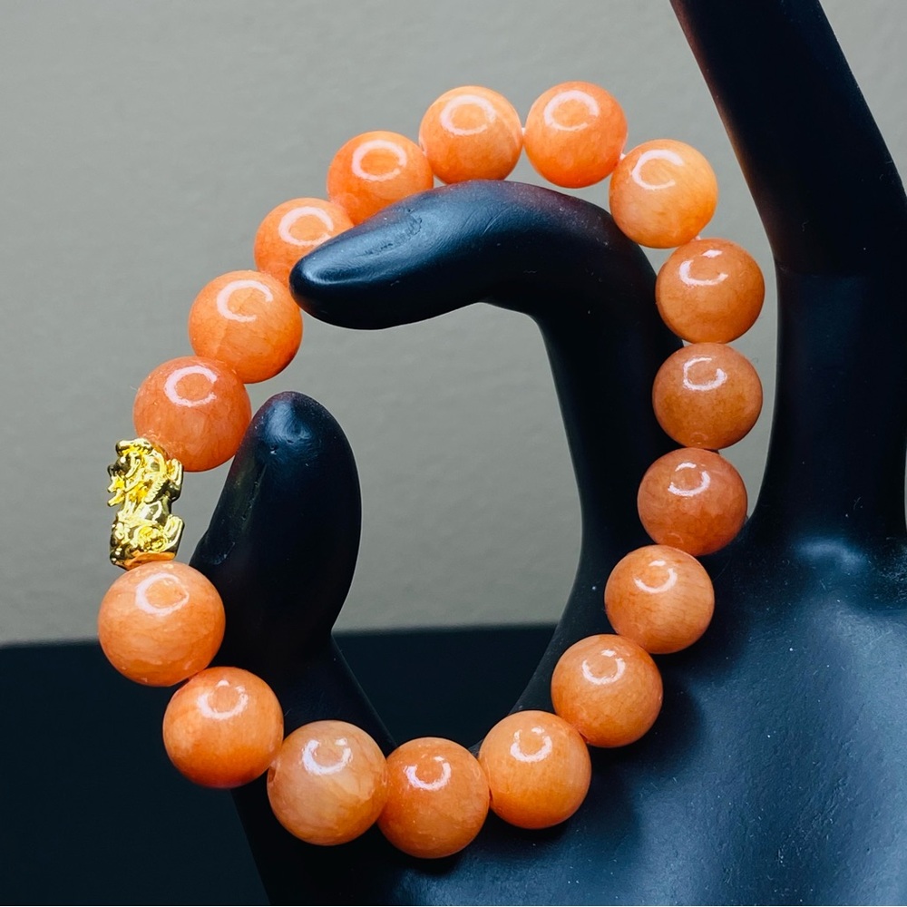 10mm Orange Aventurine Beaded Bracelet with 18k gold pixui